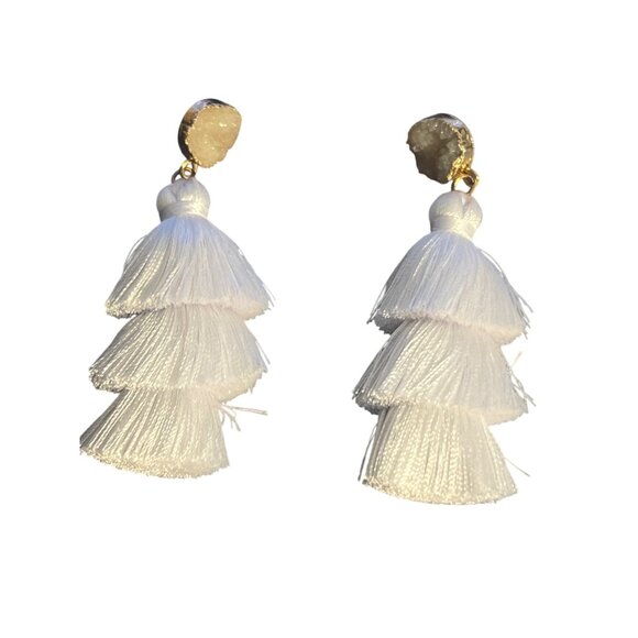White Tassel Statement Earrings Druzy Stone Studs 3 Tiered Pierced Vacation 3" - Picture 1 of 5